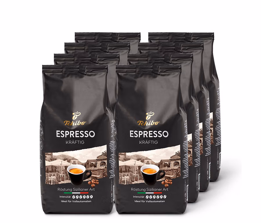Acht Packungen Tchibo Espresso Kräftig mit je 1 kg ganzen Bohnen.