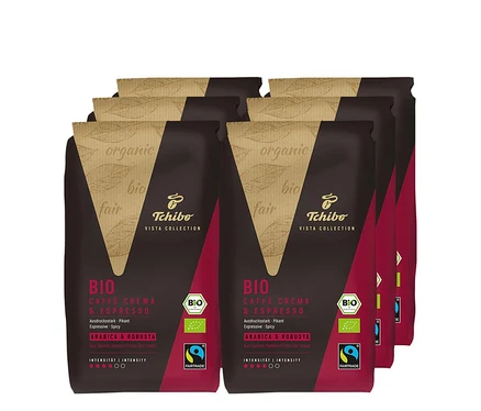 Sechs Packungen Vista Collection Bio Caffé Crema & Espresso - 6x 1 kg Ganze Bohne.