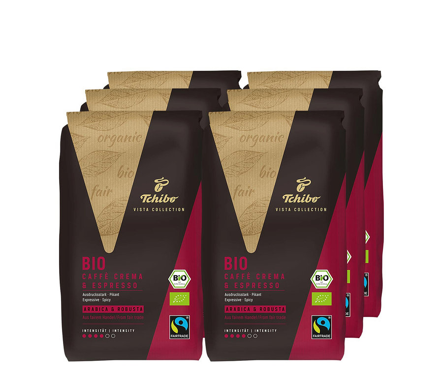 Sechs Packungen Vista Collection Bio Caffé Crema & Espresso - 6x 1 kg Ganze Bohne.