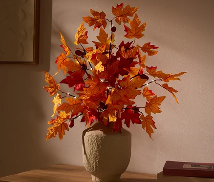 Strukturierte, helle Vase mit künstlichen orange-roten Herbstblättern und Beeren, beleuchtet mit kleinen Lichtern, auf einem Holzschrank vor einer hellen Wand. Rechts liegen Bücher, links hängt ein gerahmtes Bild.
