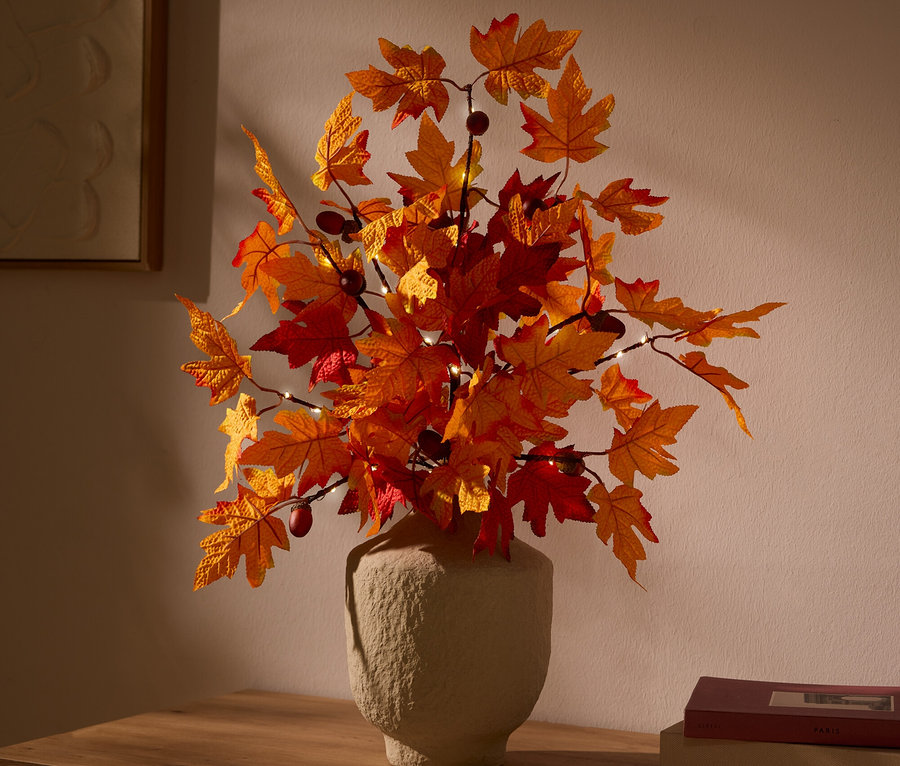 Strukturierte, helle Vase mit künstlichen orange-roten Herbstblättern und Beeren, beleuchtet mit kleinen Lichtern, auf einem Holzschrank vor einer hellen Wand. Rechts liegen Bücher, links hängt ein gerahmtes Bild.