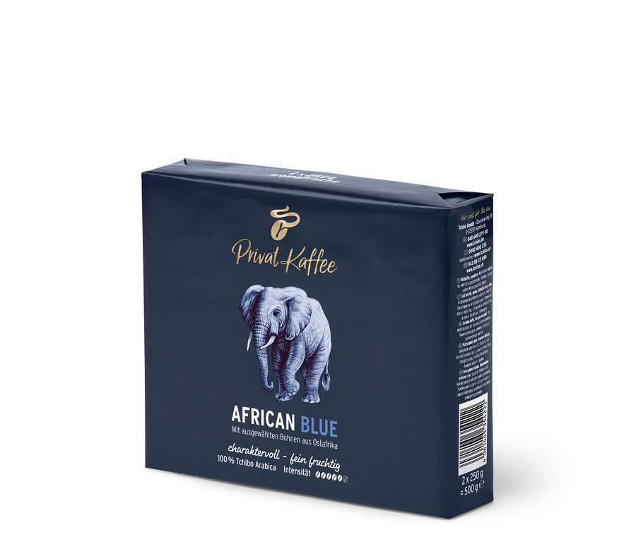 Eine Packung Privat Kaffee African Blue gemahlen mit einer Abbildung eines Elefanten.
