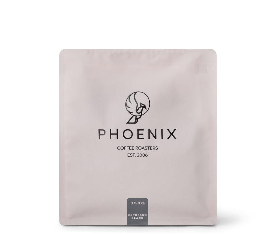 Weiße Verpackung von Phoenix - Black Espresso - 350 g Ganze Bohne.