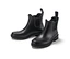 Zwei schwarze Gummistiefel auf einem weißen Hintergrund.