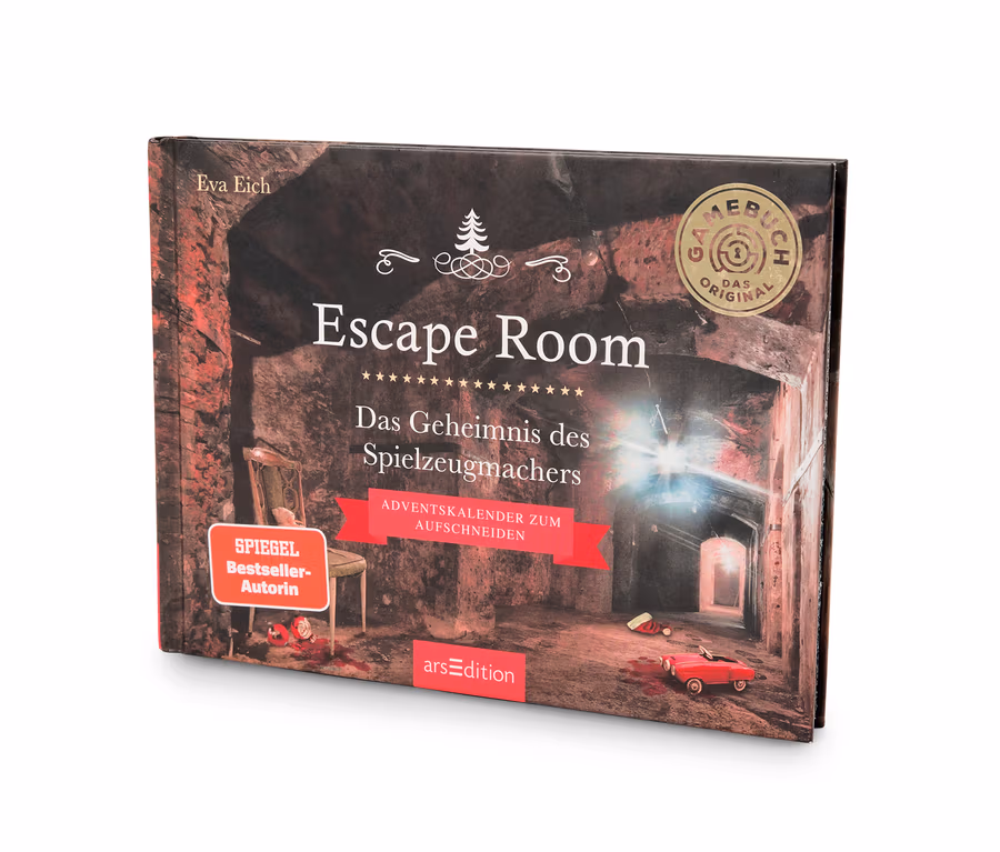 Buch „Escape Room: Das Geheimnis des Spielzeugmachers“ von Eva Eich. Das Cover zeigt eine Illustration eines Innenraums mit Stuhl und Tunnel.