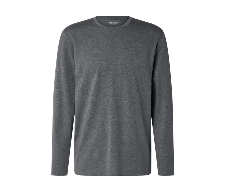 Dunkelgraues Langarmshirt mit Rundhalsausschnitt, flach auf weißem Hintergrund liegend.