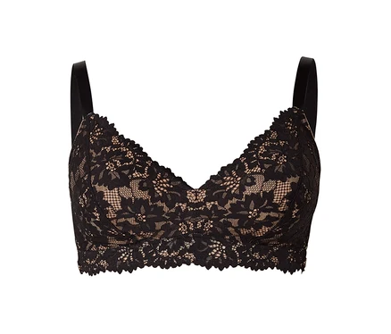 Ein schwarzer Spitzen-Bralette mit nudefarbenem Futter, floralem Muster und gewelltem Rand auf weißem Hintergrund.