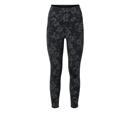 Schwarze Leggings mit hohem Bund und grauem Blumenmuster.