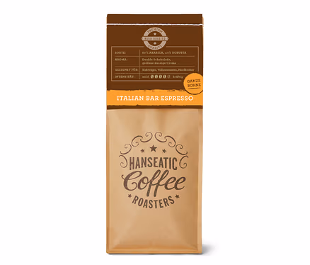 Braune Kaffeeverpackung von Hanseatic Italian Bar Espresso, 1 kg ganze Bohne, mit Details zu 60% Arabica, 40% Robusta und Aroma von dunkler Schokolade.