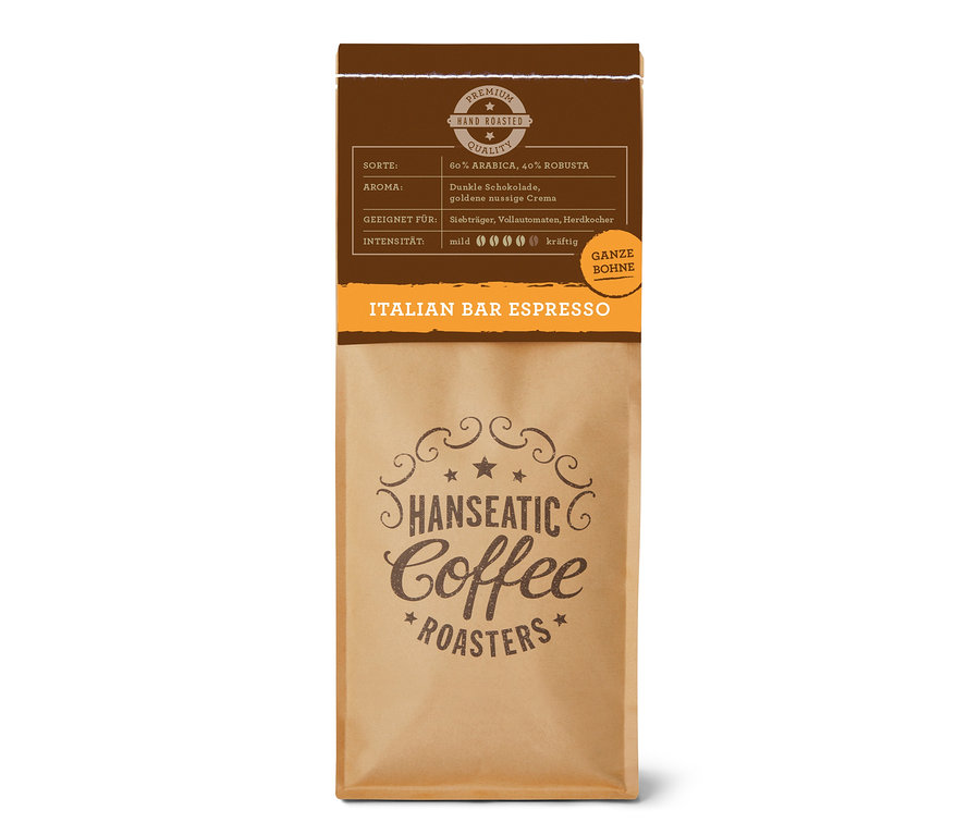 Braune Kaffeeverpackung von Hanseatic Italian Bar Espresso, 1 kg ganze Bohne, mit Details zu 60% Arabica, 40% Robusta und Aroma von dunkler Schokolade.