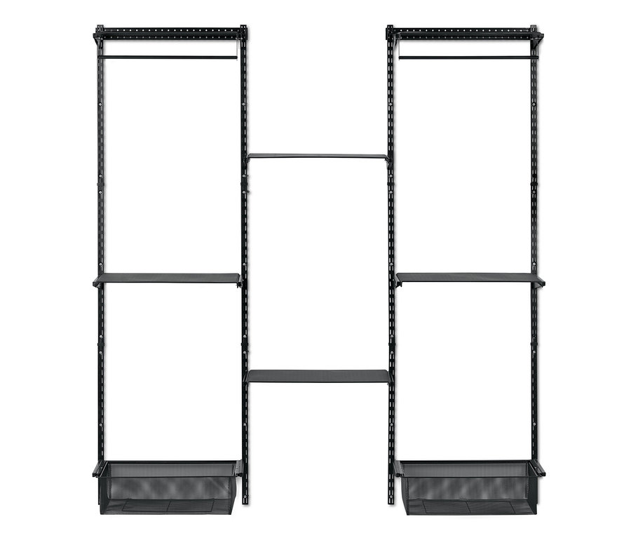 Schwarzes Wand-Regalsystem mit Regalböden und Drahtkörben.