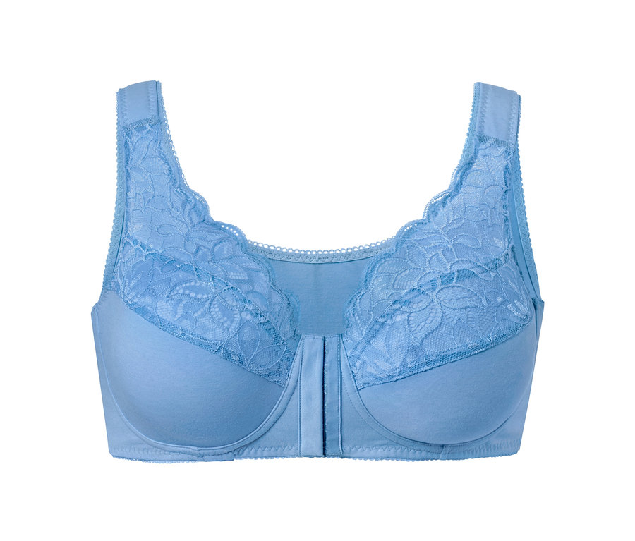 Heller blauer Entlastungs-BH mit Spitzendetails.