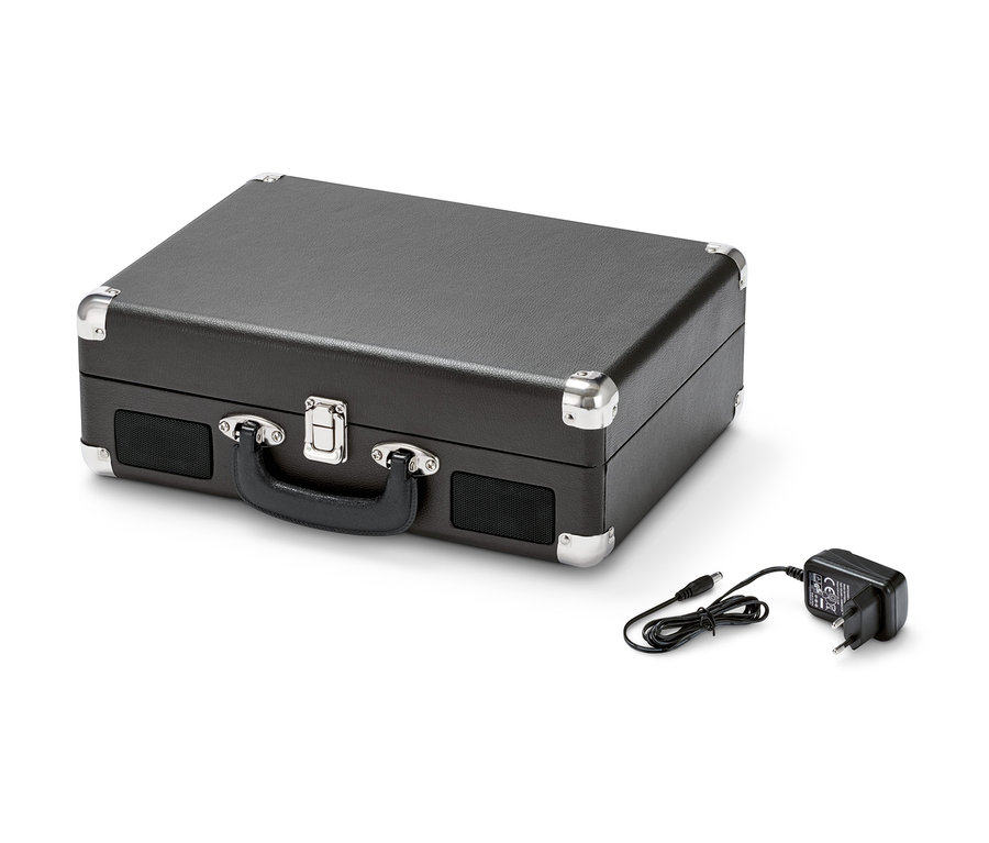 Ein schwarzer, tragbarer Retro-Plattenspieler mit Bluetooth Funktion.