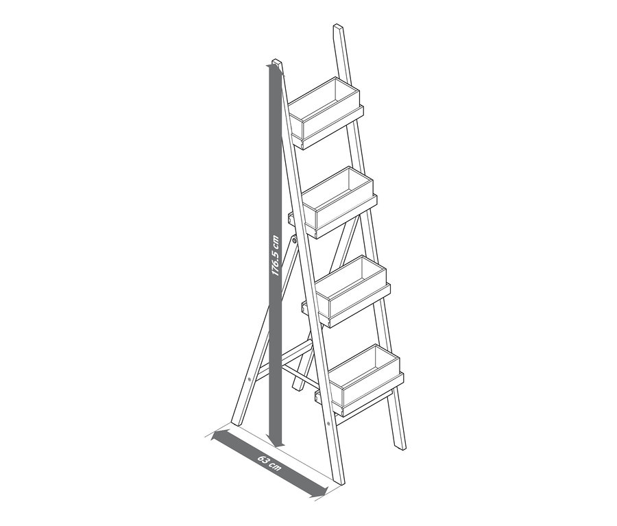 Illustration einer zusammenklappbaren Pflanzleiter mit vier Pflanzkästen.