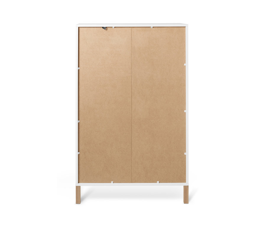Detail der Rückseite eines Highboards »Eklund« mit Schubladen, mit weißem Rahmen und hölzerner Rückwand.