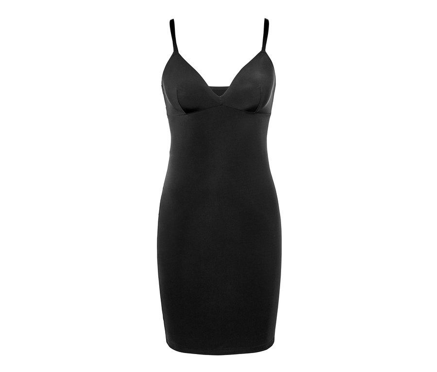Schwarzes Shapewear-Unterkleid mit dünnen Trägern.