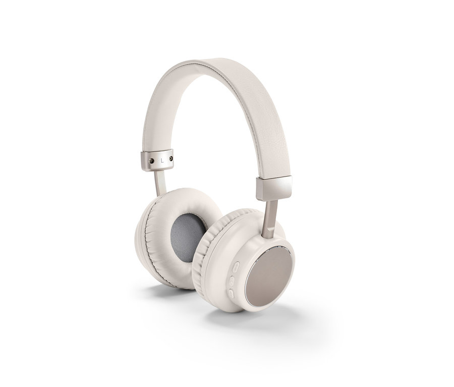 Hellgraue On-Ear-Bluetooth®-Kopfhörer auf weißem Hintergrund.