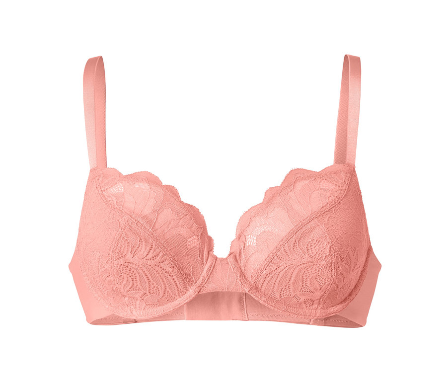 Aprikotfarbener Bügel-BH mit Spitze.