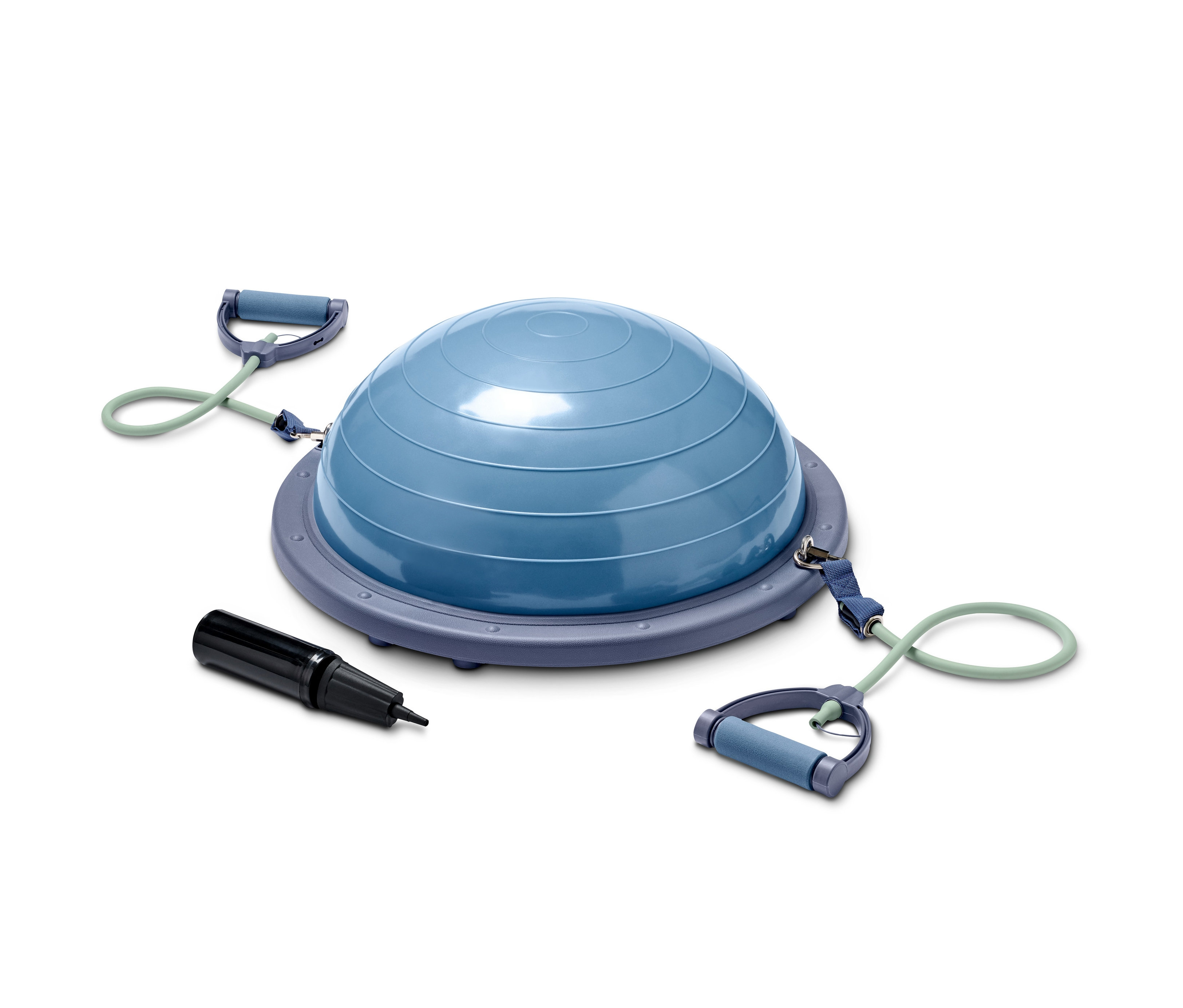 Blau-grüner Balance-Ball mit Expandern und Pumpe.