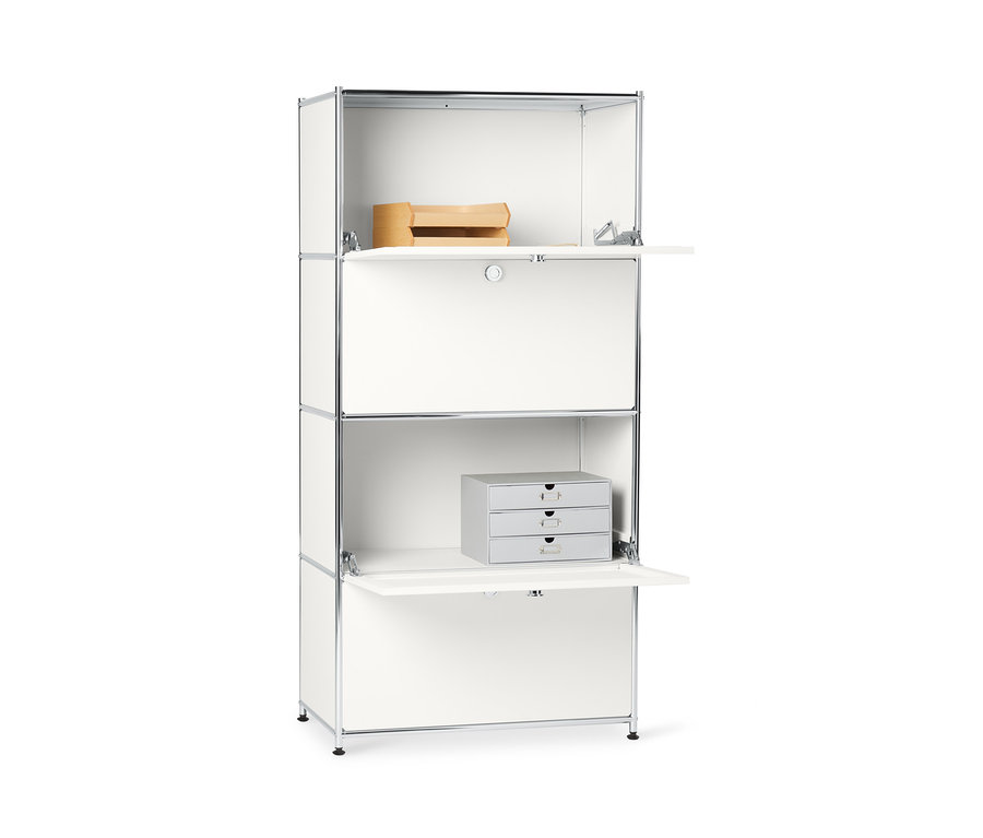 Weißes Highboard Metall »CN3« mit 4 Klappenfächern, zwei davon geöffnet.