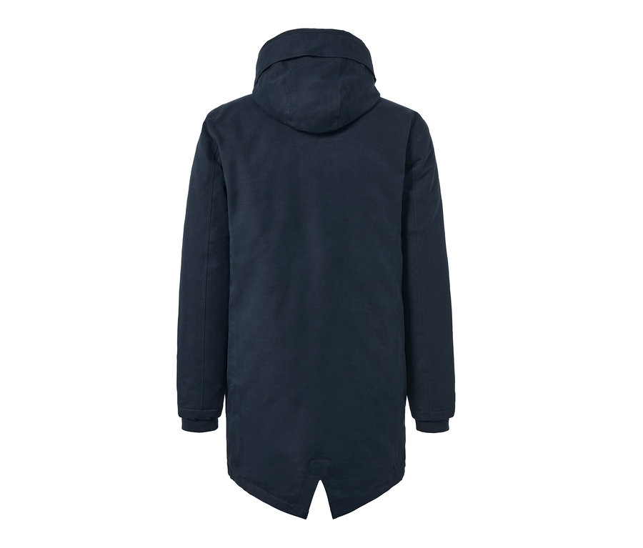 Marineblaue Parka mit Kapuze von hinten.