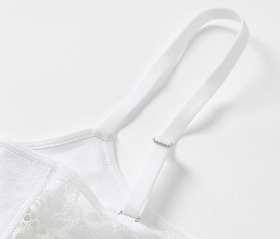 Detailansicht eines weißen Seamless-Bustiers mit Spitze.