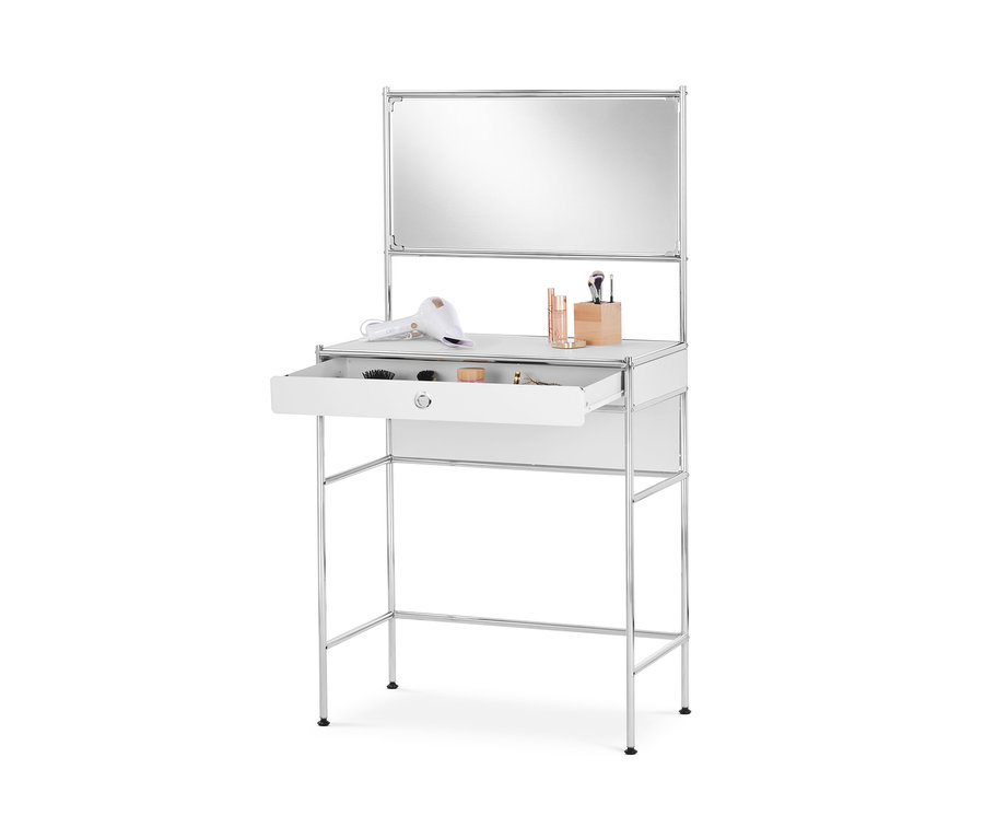 Schminktisch Metall »CN3« mit großer Spiegelfläche und offener Schublade.