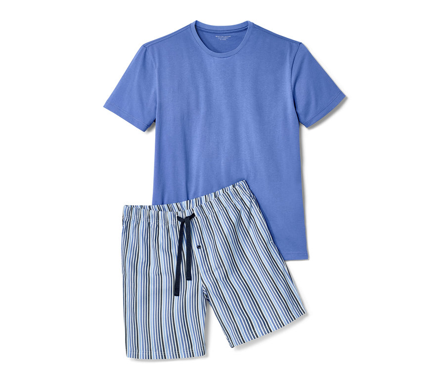 Blaues Shorty-Pyjama mit gestreiften Shorts.