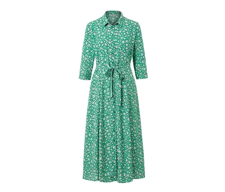 Grünes Hemdblusenkleid mit weißem Blumenmuster und Gürtel.