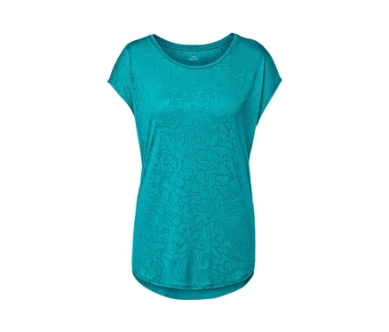 Türkises Sportshirt mit kurzen Ärmeln.