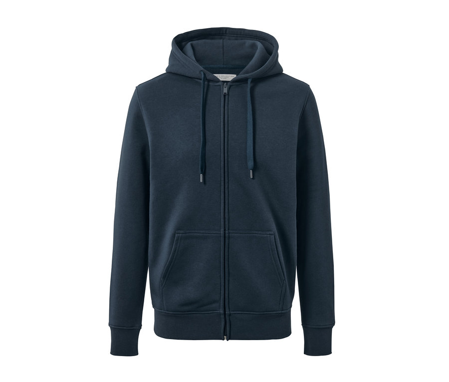 Marineblaue Kapuzenjacke mit Reißverschluss in der Mitte.