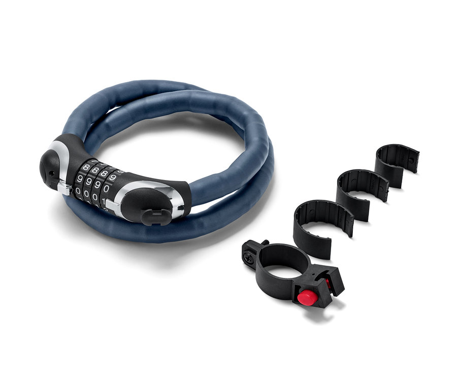 Blaues LED-Panzerkabelschloss mit Fahrradhalterungen auf weissem Hintergrund.