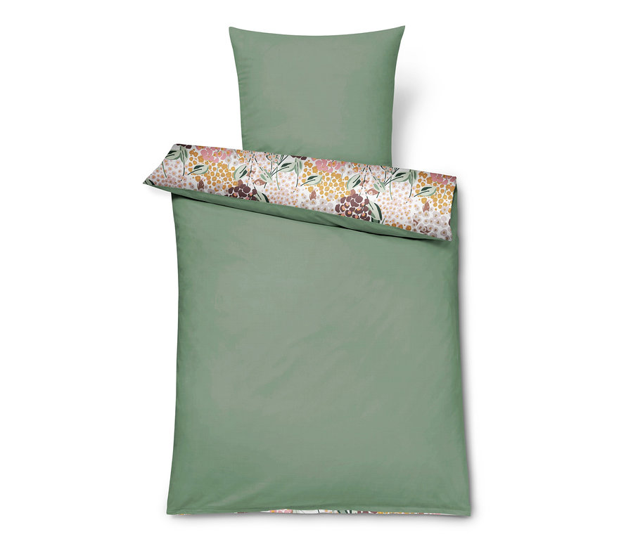 Grüne Renforcé-Bettwäsche in Normalgröße und Übergröße mit Blumenmuster.