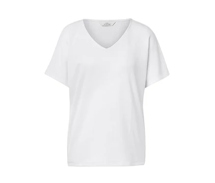 Weißes, strukturiertes Shirt mit kurzen Ärmeln und V-Ausschnitt.