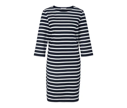 Gestreiftes Sweatkleid in Blau und Weiß.