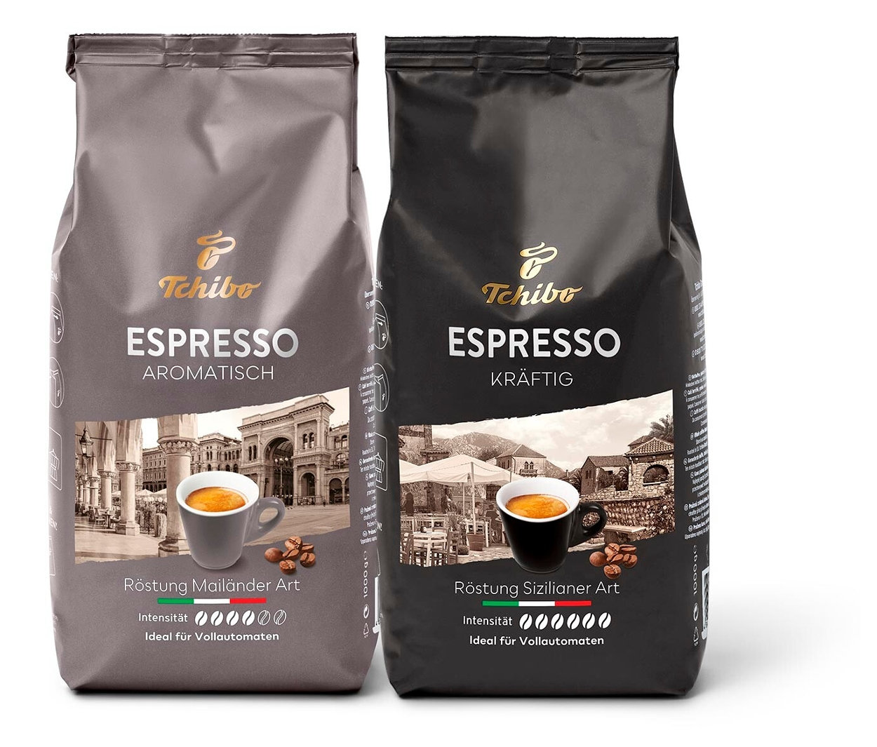 Zwei Packungen Tchibo Espresso, eine graue und eine schwarze. Espresso Bestseller-Set - 2x 1 kg Ganze Bohne.