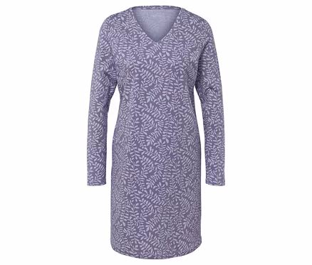 Lila Kleid mit langen Ärmeln und Blättermuster.
