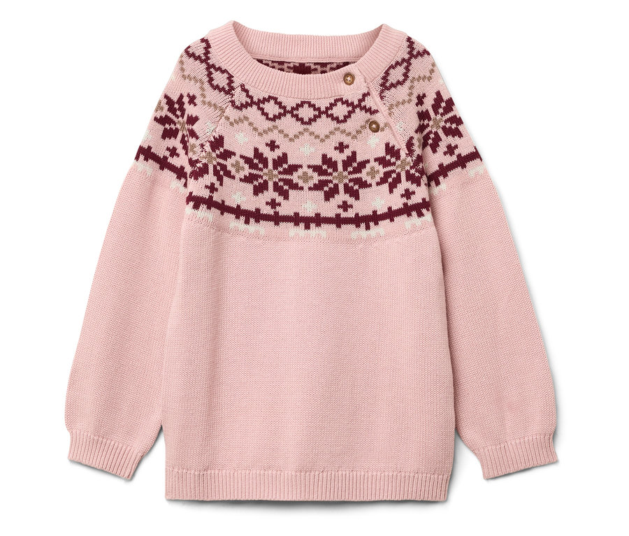 Rosa Pullover mit Weihnachtsmuster.