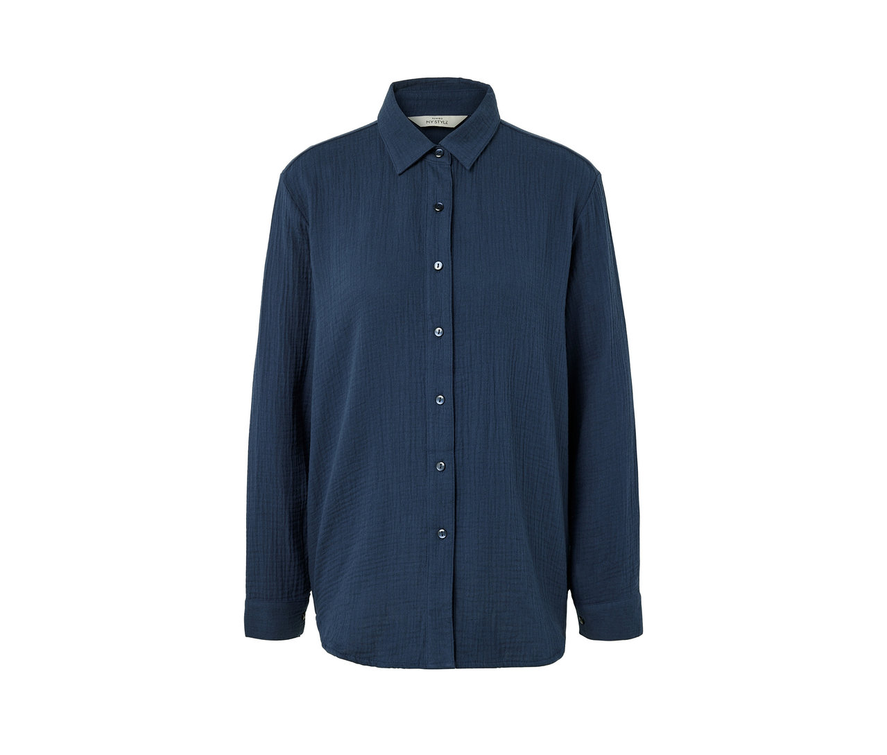 Marineblaue Musselin-Bluse mit Kragen und Knopfleiste.