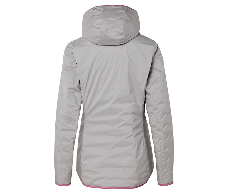 Rückansicht einer grauen Jacke mit Kapuze und rosa Saum.