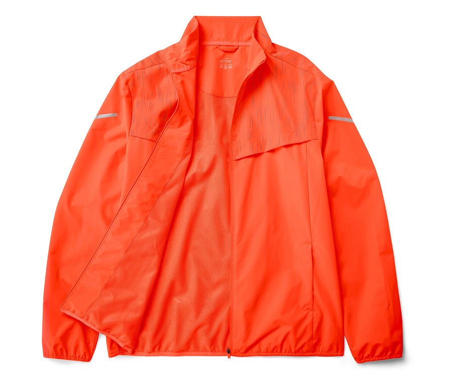 Orangefarbene Sportjacke mit offenem Reißverschluss und reflektierenden Details.