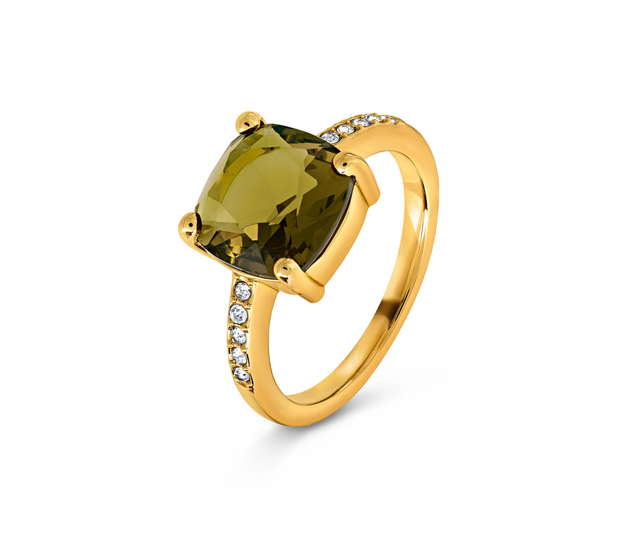 Goldener Ring mit grün-braunem Glaskristallstein.