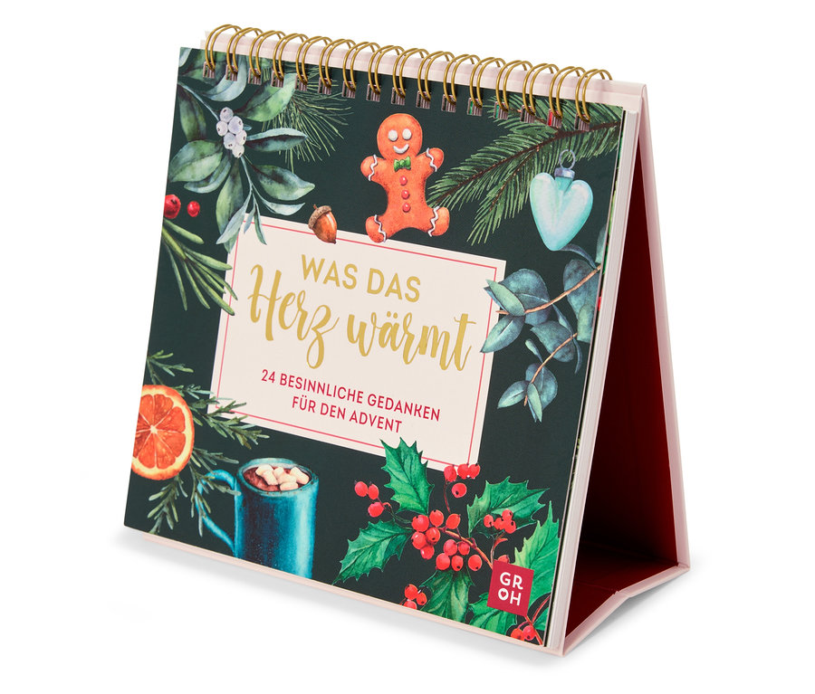 Ansicht eines Tischkalenders mit weihnachtlichen Motiven, darunter ein Lebkuchenmann und eine Tasse mit einem Heissgetränk.