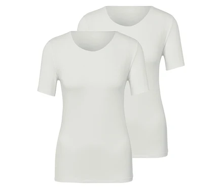 Zwei weiße T-Shirts mit kurzen Ärmeln.
