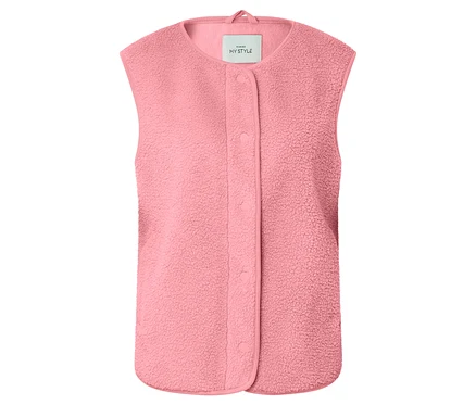 Rosa Teddy-Weste mit Knöpfen vorne.