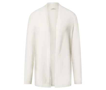 Ein weißer, offener Cardigan mit langen Ärmeln liegt flach.
