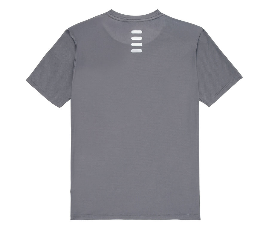 Graues FILA Herren-Funktionsshirt von hinten mit vier horizontalen, weißen Streifen unterhalb des Nackens.