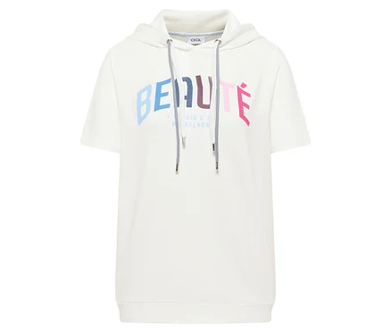 Weißes kurzärmeliges CECIL Hoodie-Shirt mit Kapuze und gestreiften Kordeln, bedruckt mit 'BEAUTÉ' und 'L'AVENIR C'EST MAINTENANT'.