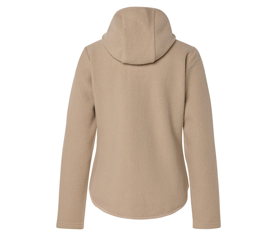 Rückansicht einer beigefarbenen Kapuzen-Fleecejacke mit langen Ärmeln und abgerundetem Saum.