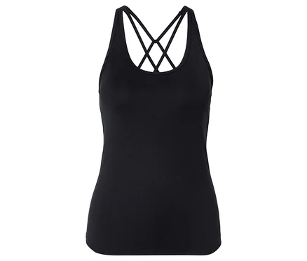 Schwarzes Tanktop mit überkreuzten Trägern im Rücken.